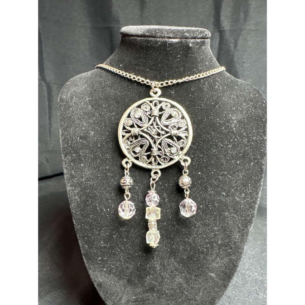 Silver Tone Filigree Medallion Pendant Necklace Iridescent Crystal Beads Boho